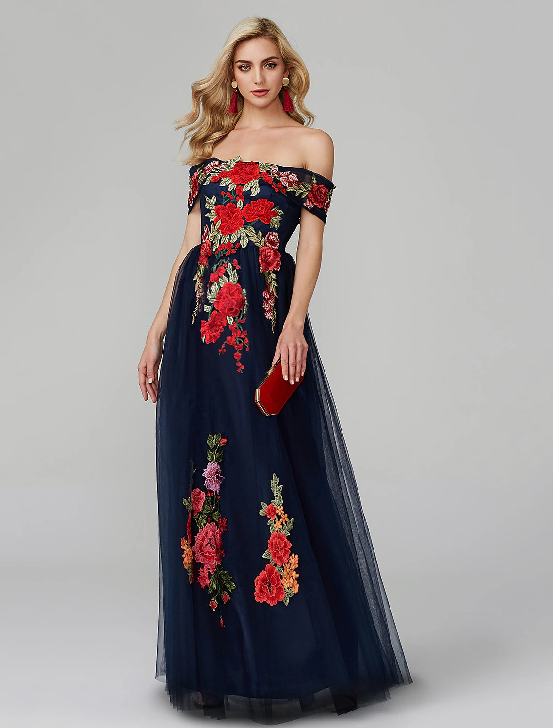 Wholesale  A-Line Prom Dresses Floral Dress Wedding Guest Prom Floor Length Sleeveless Off Shoulder Lace Over Tulle with Embroidery Appliques